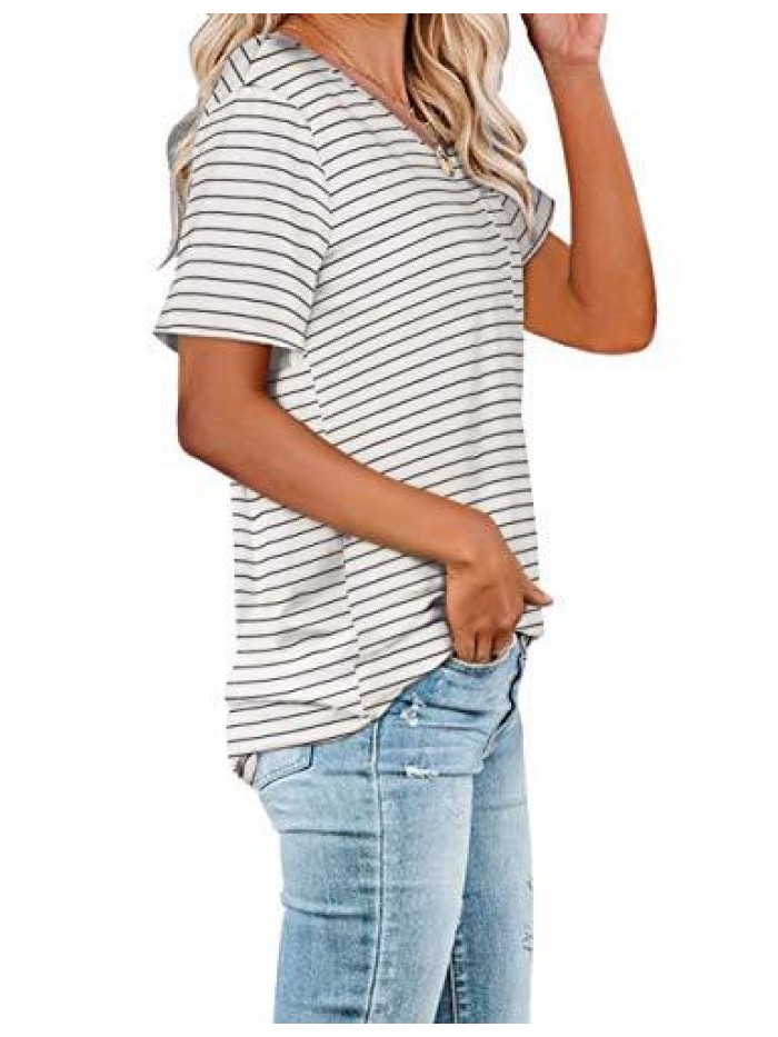 Women Summer T Shirts Short Sleeve Rounded V Neck Pocket Tee Tops 