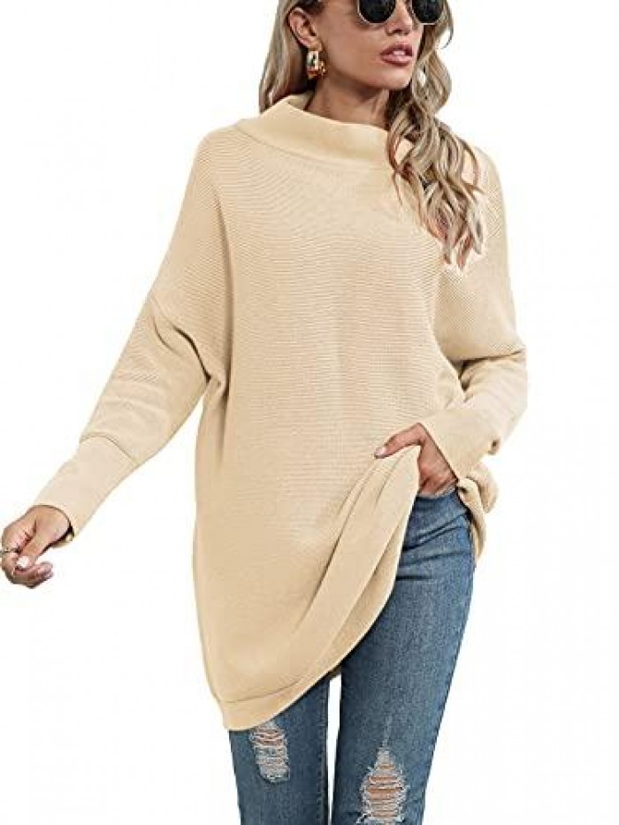 Women Casual Turtleneck Batwing Sleeve Slouchy Oversized Ribbed Knit Tunic Sweaters Pullover 