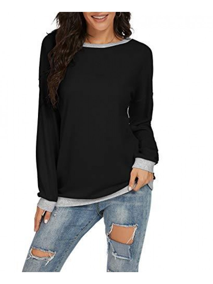 Women's Casual Long Sleeve Color Block Round Neck Loose Fit Blouses T Shirts Sweatshirts Pullover Tops Shirts 