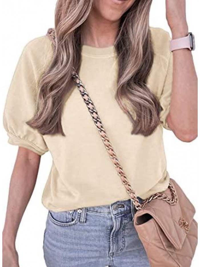 Women’s Puff Sleeves Tops Crew Neck Short Sleeves Solid Color Casual Shirts Blouses 