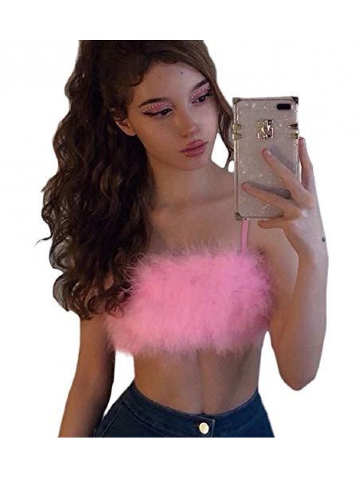 Rave Festival Feather Crop Tops Faux Fur Spaghetti Straps Tube Top for Concert Club Party 