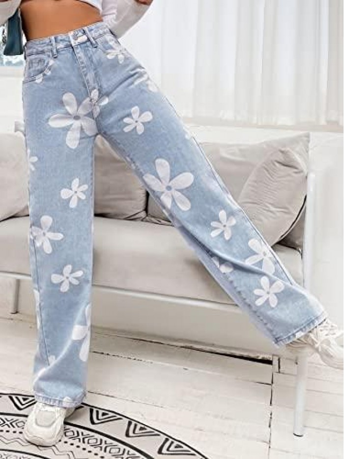 Women's Floral Print High Waist Straight Leg Jeans Workout Denim Pants 