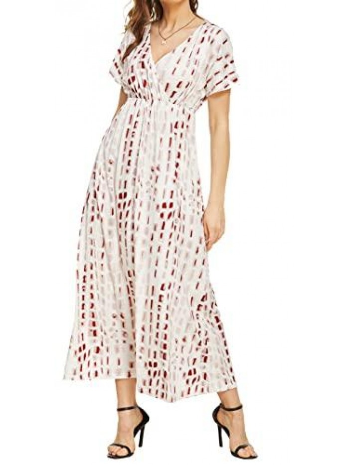 Women's Summer Casual Floral Dress V-Neck Short Sleeve Long Maxi Dress with Pockets 