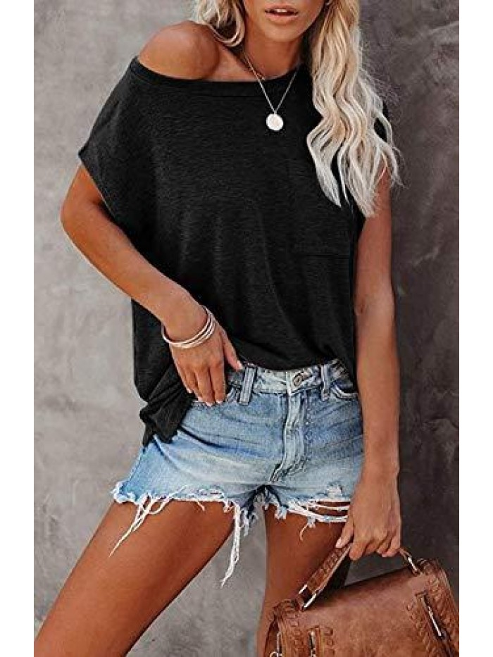 Women's Casual Cap Sleeve T Shirts Basic Summer Tops Loose Solid Color Blouse 