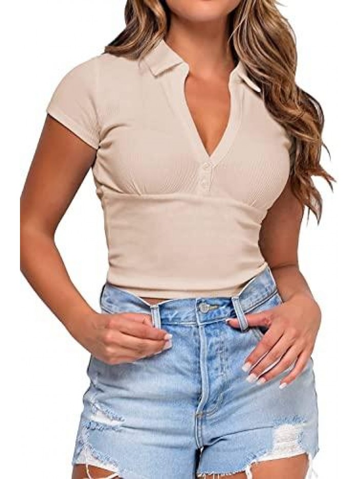 Womens Cropped Golf Polo Shirts Collared Button Ribbed Sexy V Neck Short Sleeve Slim Fit Tops 
