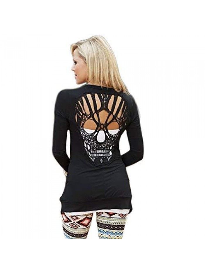 Womens Long Sleeve Open Front Back Cut Out Skull Cardigan Tops 