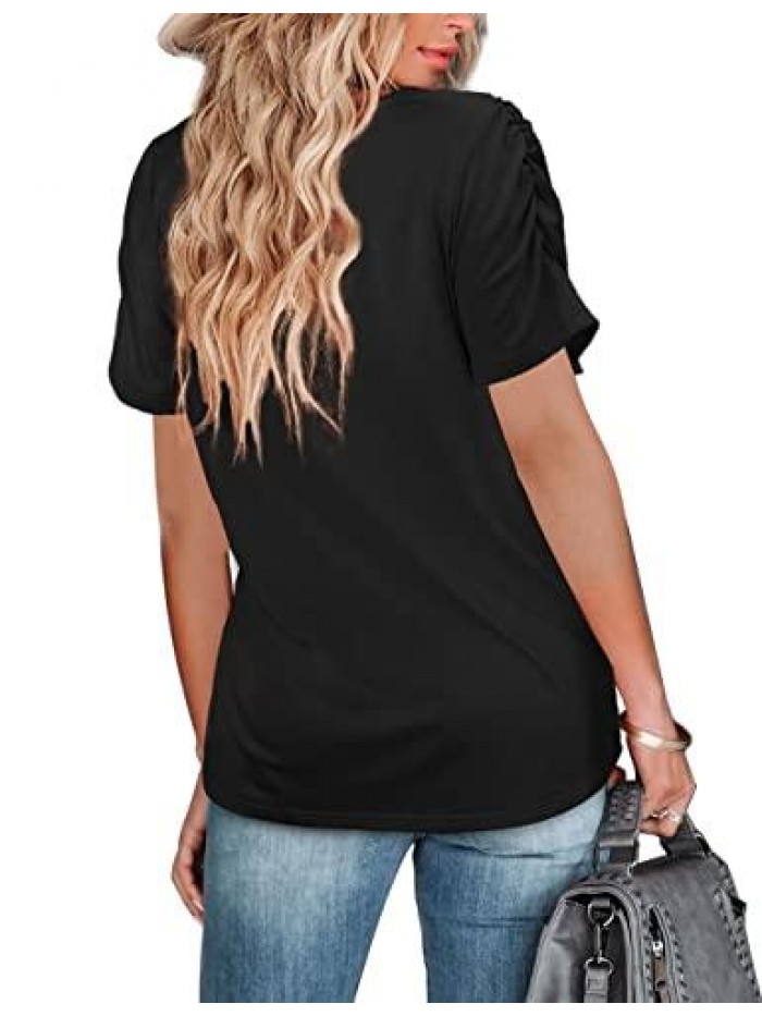 T Shirts for Women V Neck Shirring Sleeve Tops 