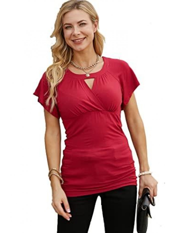 Women Dressy Tunic Tops Crossover V Neck Raglan Sleeve Ruched Blouse 