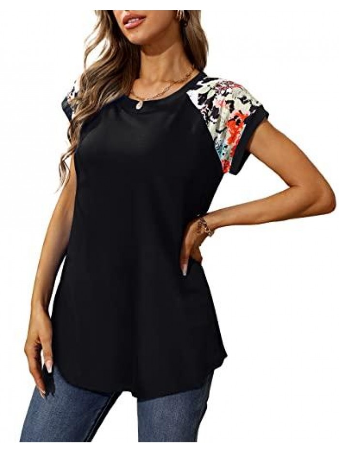 Womens Summer Tops Cap Sleeve Floral Print Loose Fitting Tunic Shirts 