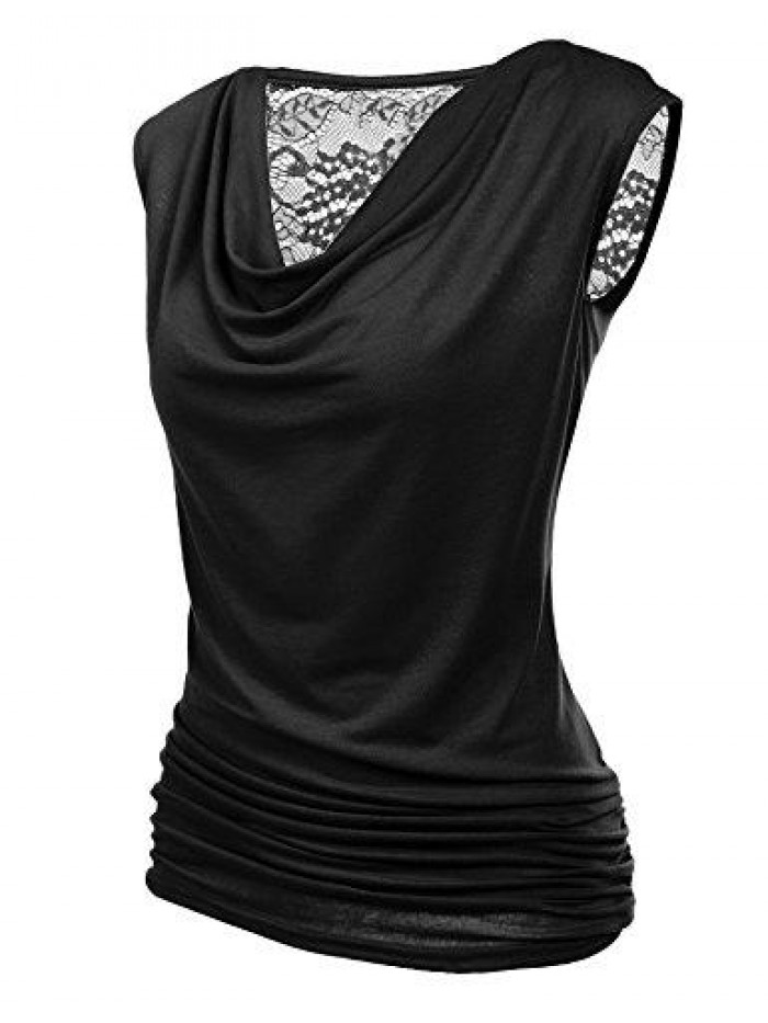 Womens Ruched Cowl Neck Tank Tops Sleeveless Stretch Blouse with Side Shirring 