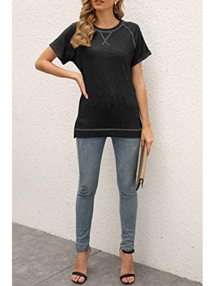 Womens T Shirts Summer Short Sleeve Solid Color Crew Neck Blouses Criss Cross Tops 