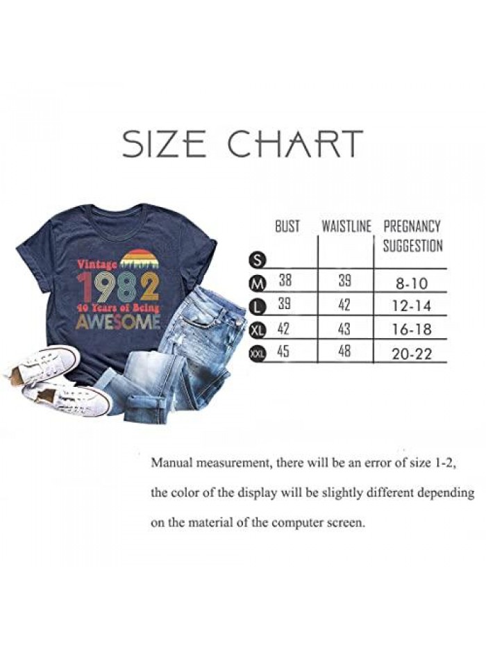 Birthday Gifts Women Vintage 1982 Shirts 40 Years of Being Awesome Tees Graphic Short Sleeve Casual Party Tops 