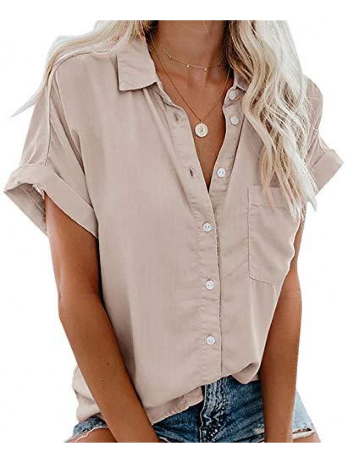 Womens Short Sleeve Shirts V Neck Collared Button Down Shirt Tops with Pockets 