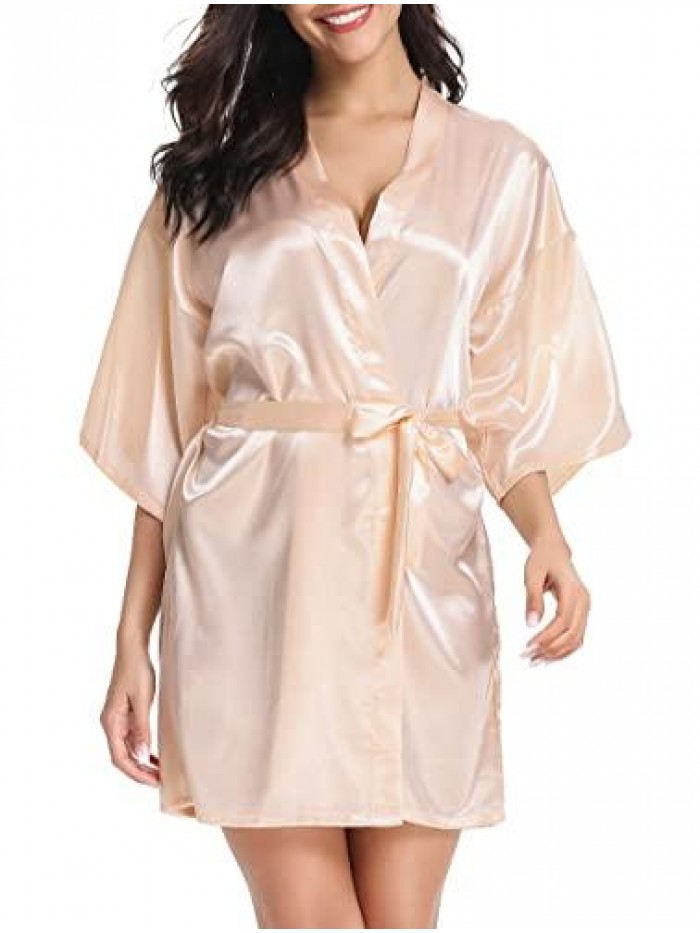 Women's Kimono Robes Short Satin Pure Color Bridal Party Robe with Oblique V-Neck 