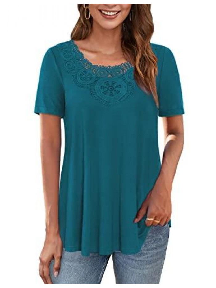 Womens Plus Size Tops Crochet Lace Trim Blouses Summer Dressy Pleated Tunic Tops Short Sleeve Tees Shirts M-4XL 