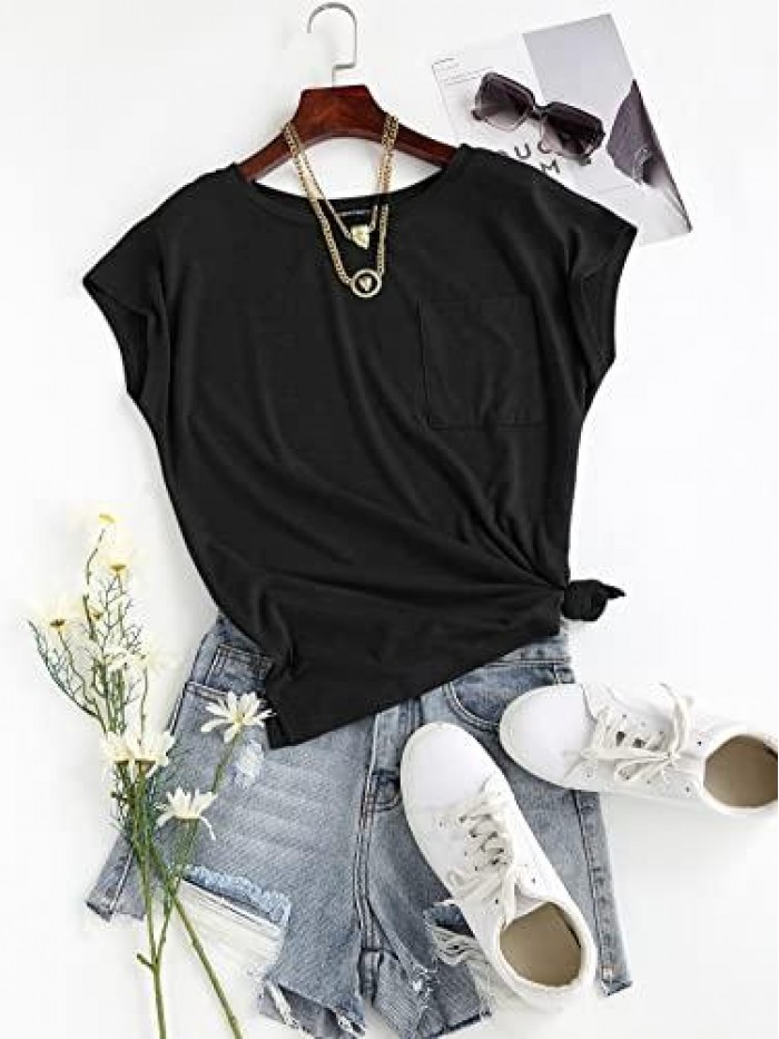 Women's Casual Cap Sleeve T Shirts Basic Summer Tops Loose Solid Color Blouse 