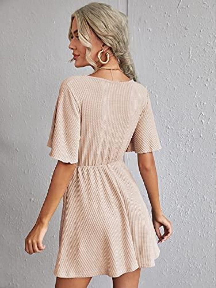 Women's Short Sleeve V Neck All Over Print High Waist A Line Summer Short Dress 
