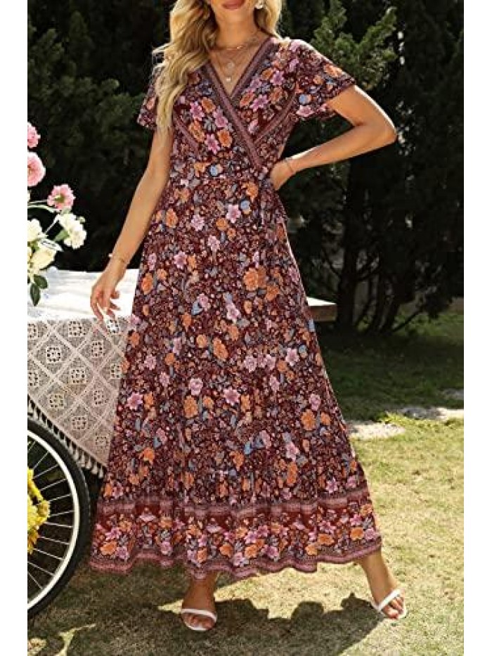 ZESICA Women's Bohemian Floral Printed Wrap V Neck Short Sleeve Split Beach Party Maxi Dress