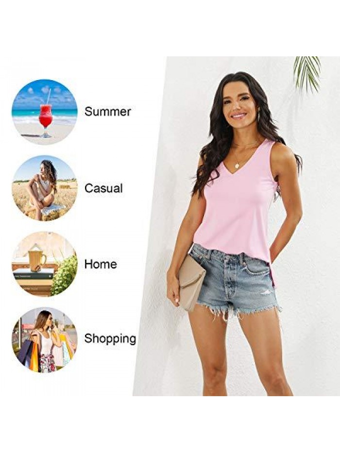 2022 Women's Summer Sleeveless Tanks Vneck Casual Tshirt Side Split Cotton Tops Comfy Loose Fitting Blouse 