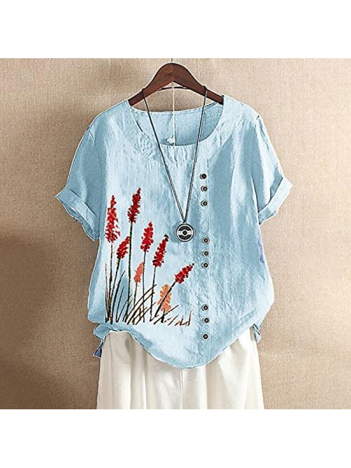 Cotton Linen Tshirt Tops Casual Loose Fit Dandelion Print Tees Short Sleeve Plus Size Button Tunic Blouses 