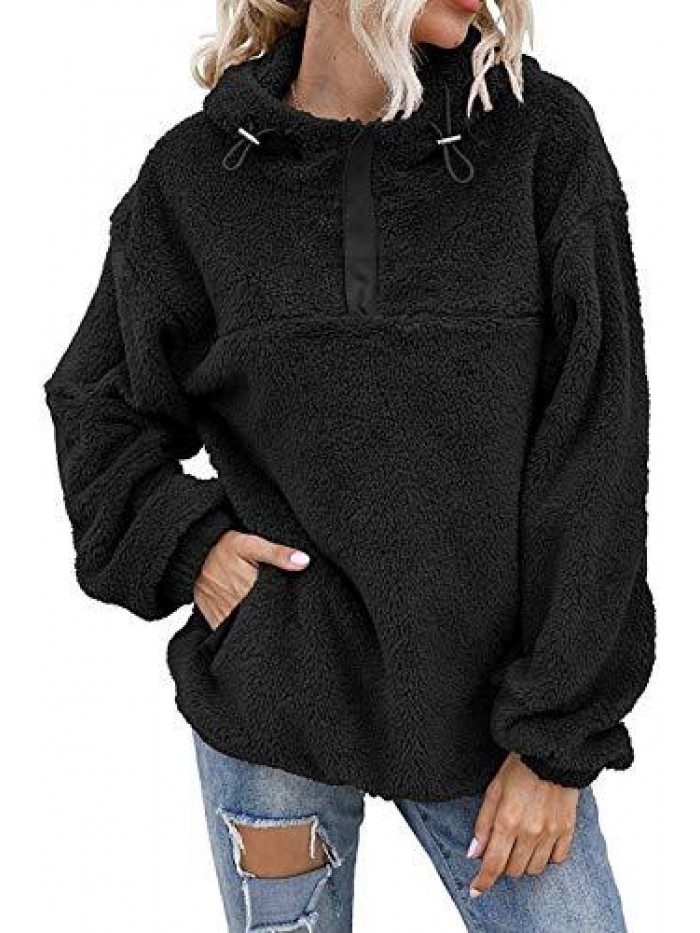 Womens Sherpa Pullover Fuzzy Fleece Sweatshirt Oversized Hoodie with Pockets 