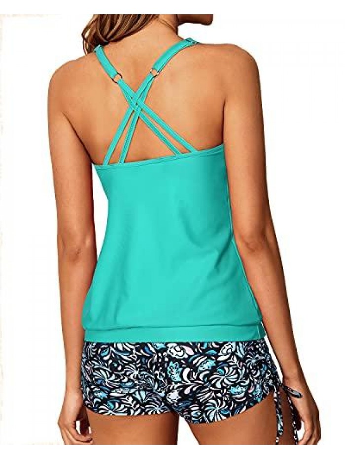 Blouson Tankini Swimsuits for Women with Shorts Strappy Bathing Suits Two Piece Swimwear 