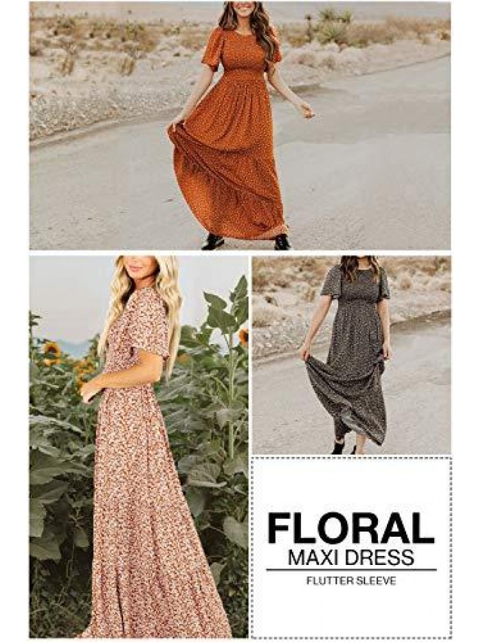 Kranda Women's Round Neck Short Flutter Sleeve Smocked Ruffle Floral Maxi Dress
