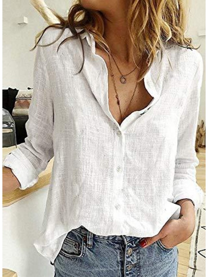 Womens V Neck Roll up Sleeve Button Down Blouses Tops 