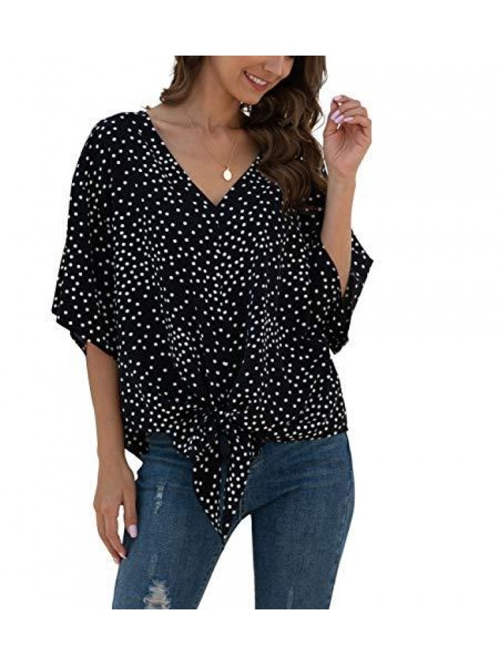 Womens Tie Front Chiffon Blouses V Neck Batwing Short Sleeve Summer Tops Shirts 
