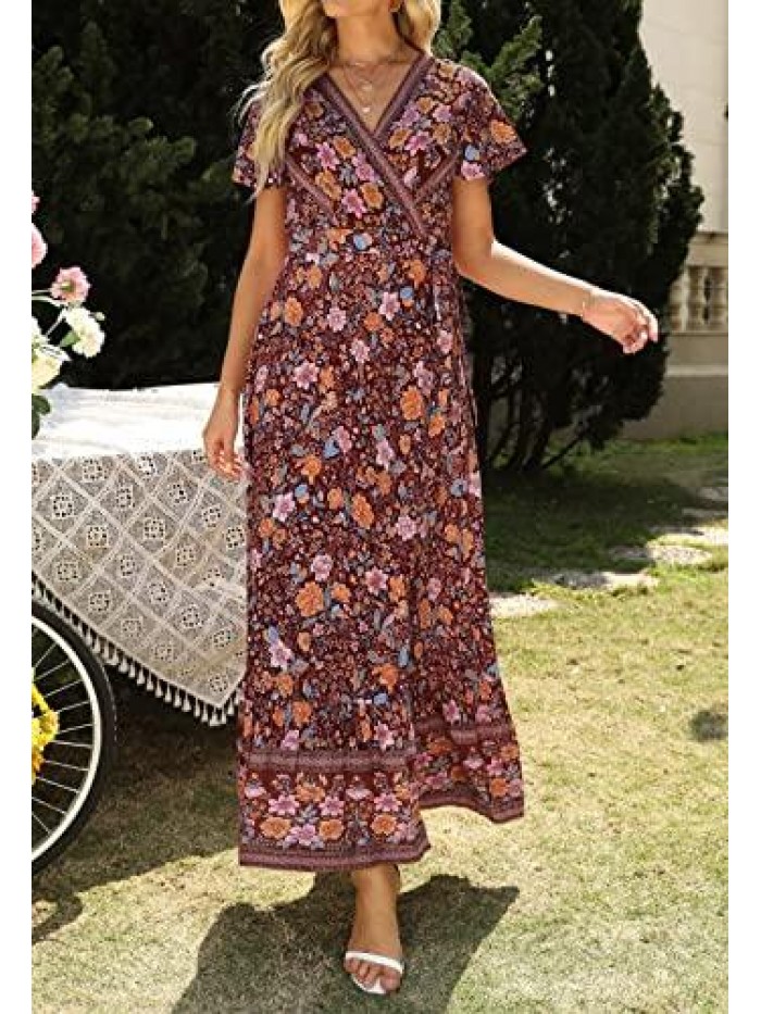Women's Bohemian Floral Printed Wrap V Neck Short Sleeve Split Beach Party Maxi Dress 