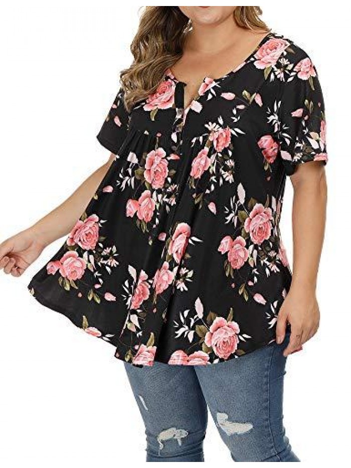 Women's Plus Size Floral Blouses Henley V Neck Button Up Tunic Tops Ruffle Flowy Short Sleeve T Shirts 