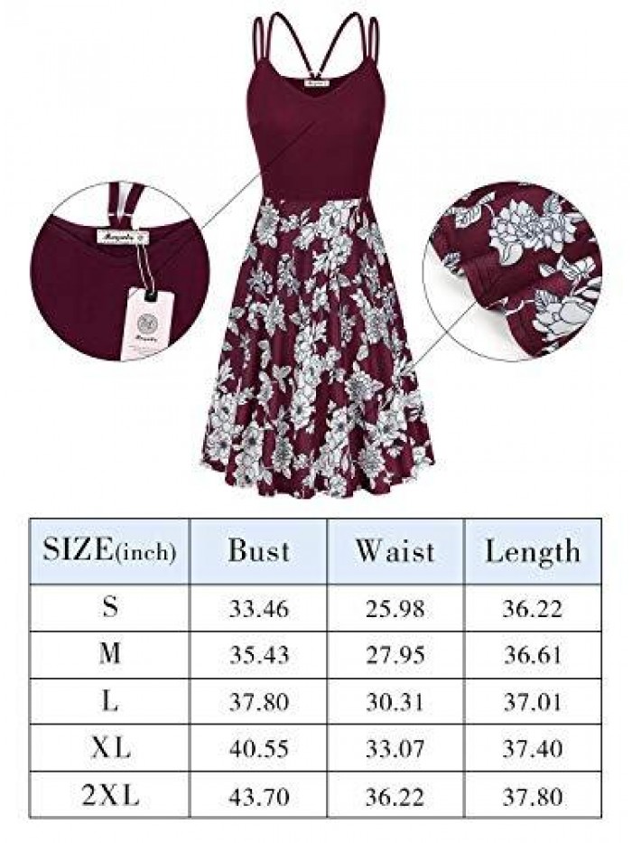 Moyabo Women's V Neck Sleeveless Floral Double Spaghetti Strap Summer Casual Swing Dress with Pockets