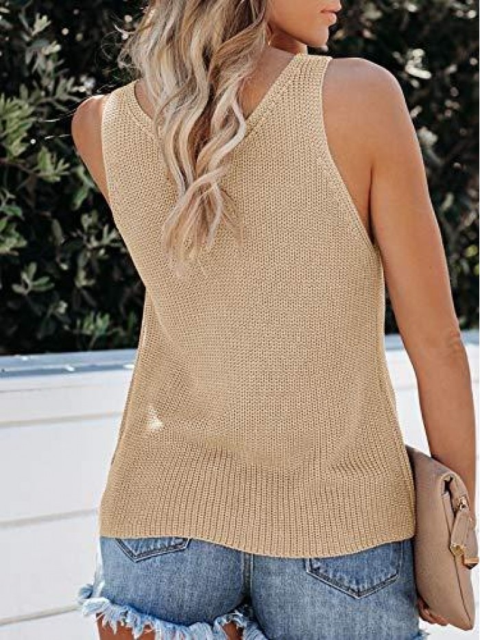 Womens Sleeveless V Neck Sweater Vest Summer Fall Knitted Loose Cami Tank Tops 