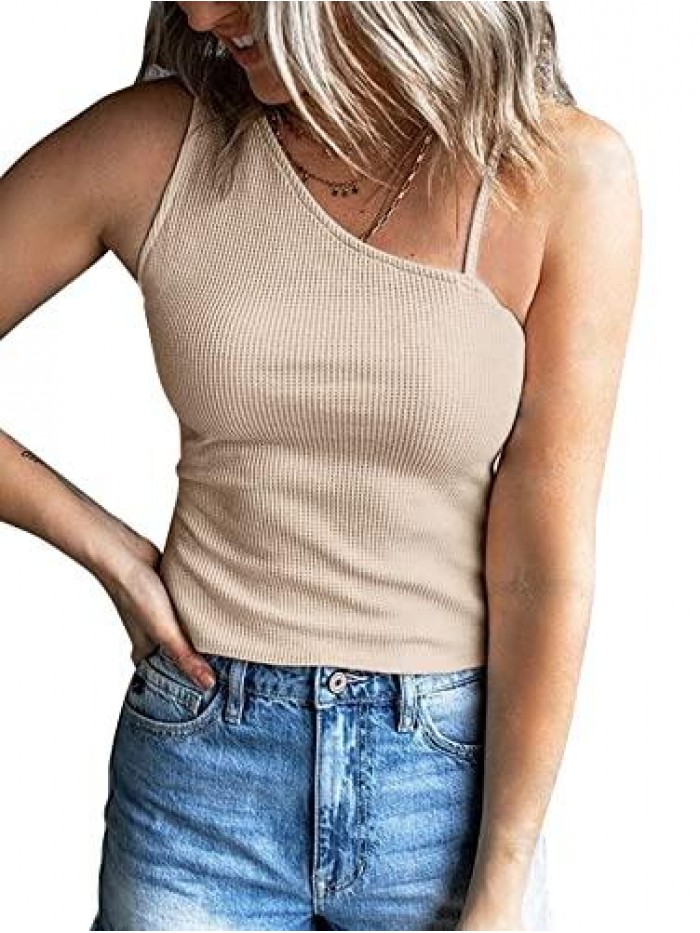 Women's One Shoulder Strappy Waffle Tank Tops Summer Sexy Solid Color Cami T Shirts 