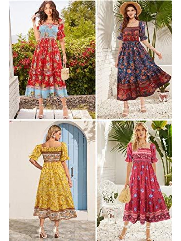 Women's Summer Bohemian Square Neck Floral Print Ruffle Vintage Flowy Beach Vacation Long Midi Boho Dress