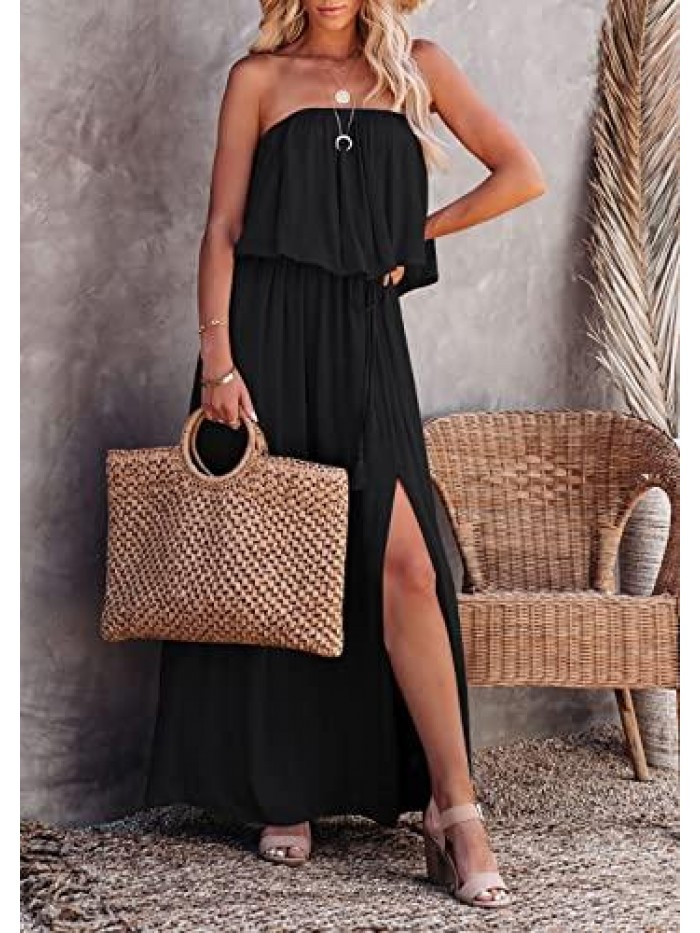 Women’s Summer Off Shoulder Ruffle Maxi Dress Strapless Split Long Party Beach Dress 