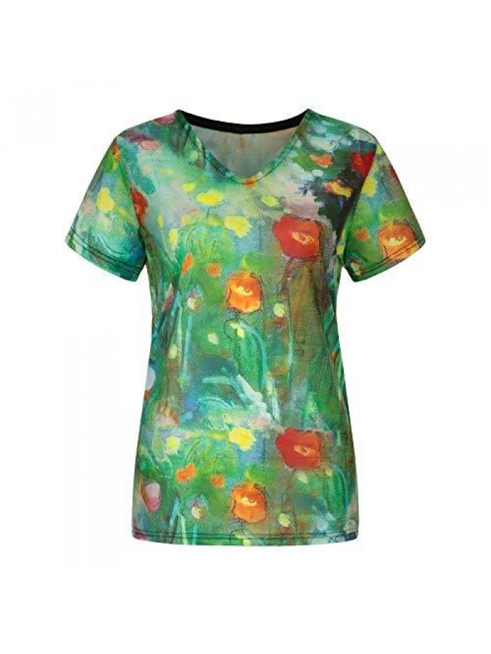Floral Print Tie Dye Shirts Summer Short Sleeve V Neck Loose Graphic Tees Tops Rainbow Gradient T Shirt 