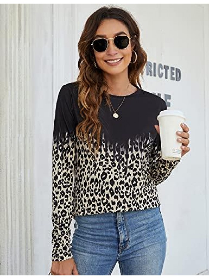Jelly Womens Leopard Print Tops Long Sleeve Crewneck Color Block Casual T-Shirts Tee 