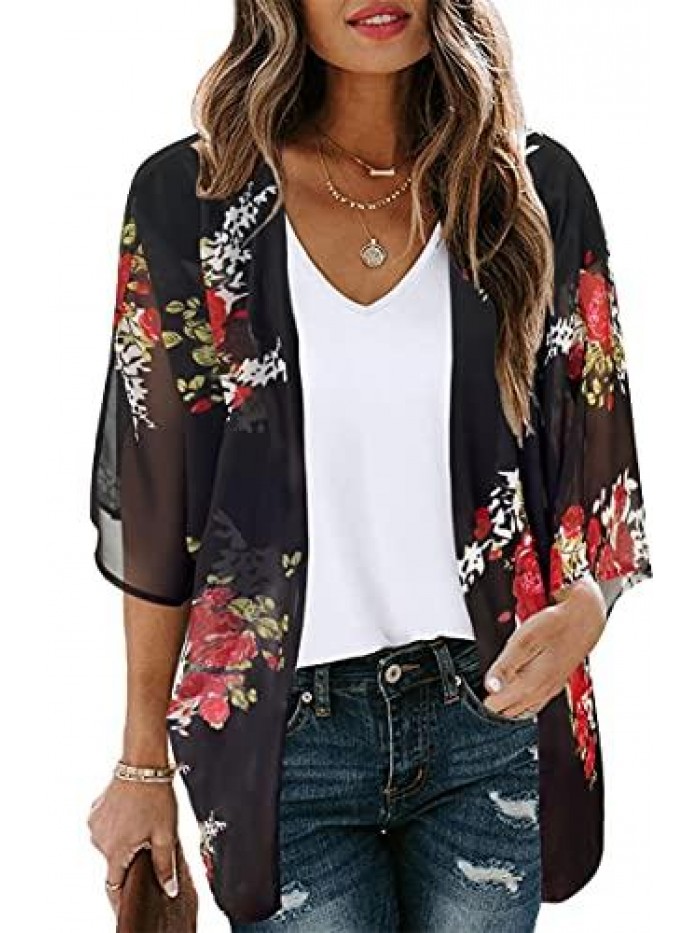 Floral Print Puff Sleeve Kimono Cardigan Loose Cover Up Casual Blouse Tops 