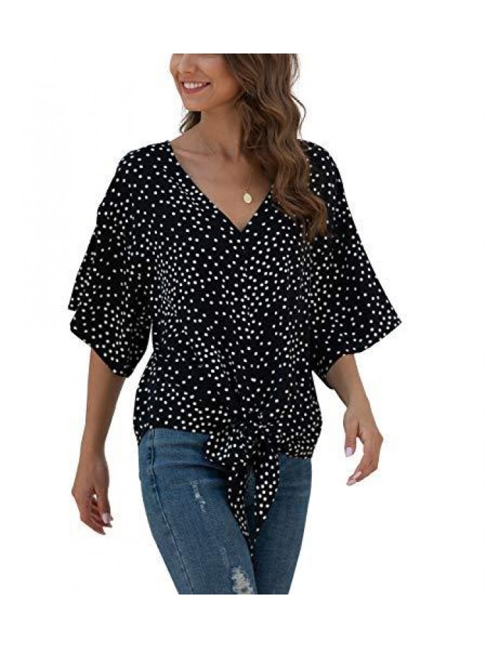 Womens Tie Front Chiffon Blouses V Neck Batwing Short Sleeve Summer Tops Shirts 