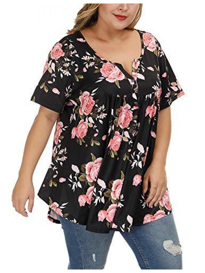 Women's Plus Size Floral Blouses Henley V Neck Button Up Tunic Tops Ruffle Flowy Short Sleeve T Shirts 