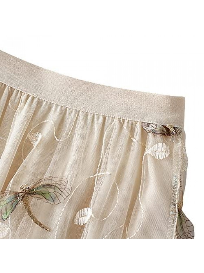 Tutu Tulle Skirt Elastic High Waist Layered Midi Skirt Floral Lace Embroidery Mesh A-Line Skirt 