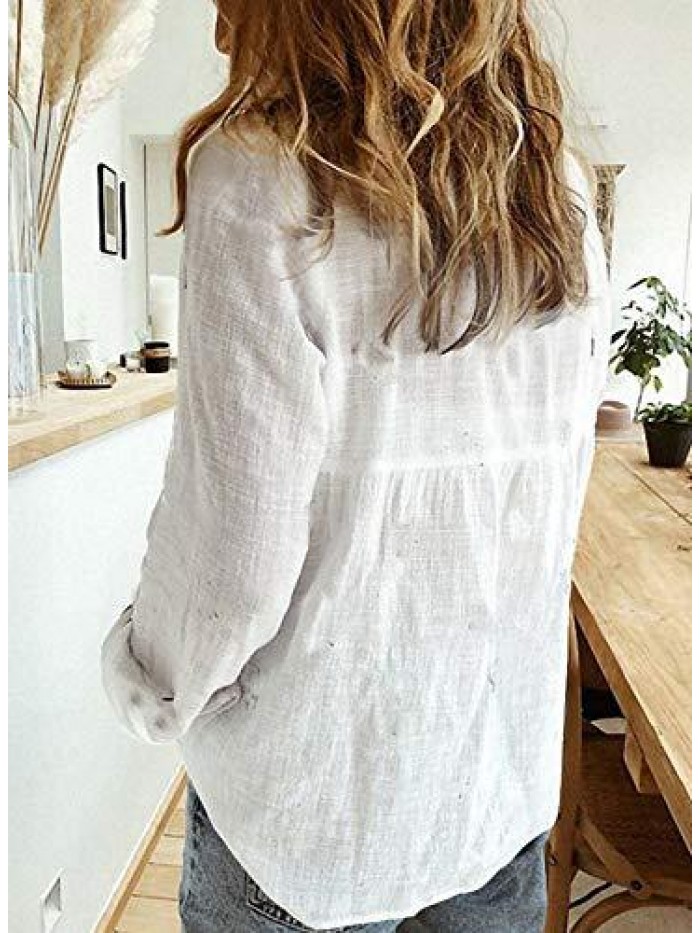 Womens V Neck Roll up Sleeve Button Down Blouses Tops 