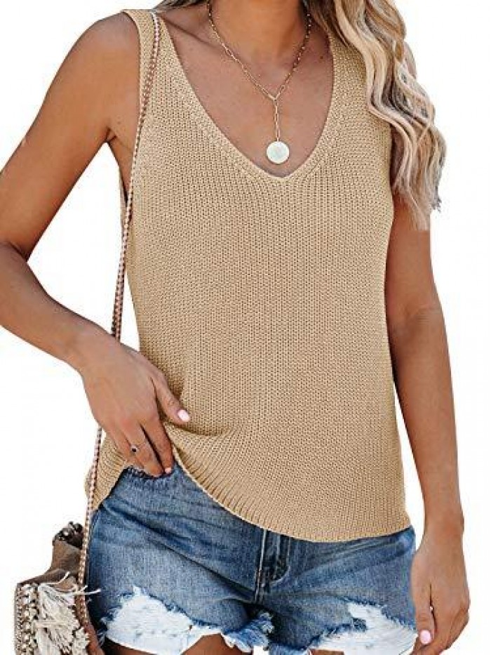Womens Sleeveless V Neck Sweater Vest Summer Fall Knitted Loose Cami Tank Tops 