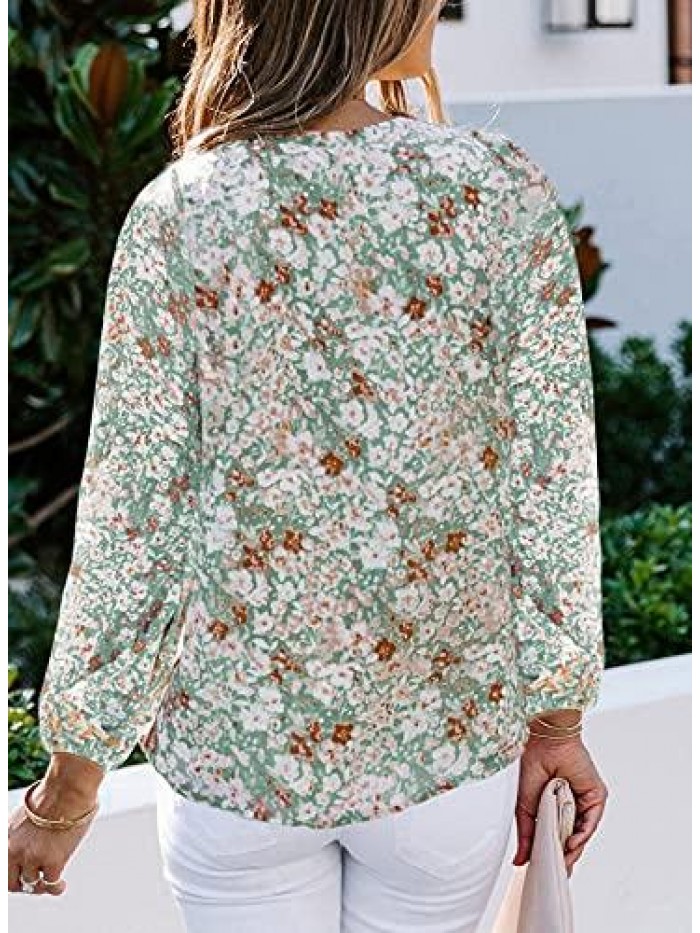Womens Casual Boho Floral Print V Neck Long Sleeve Loose Blouses Shirts Tops 