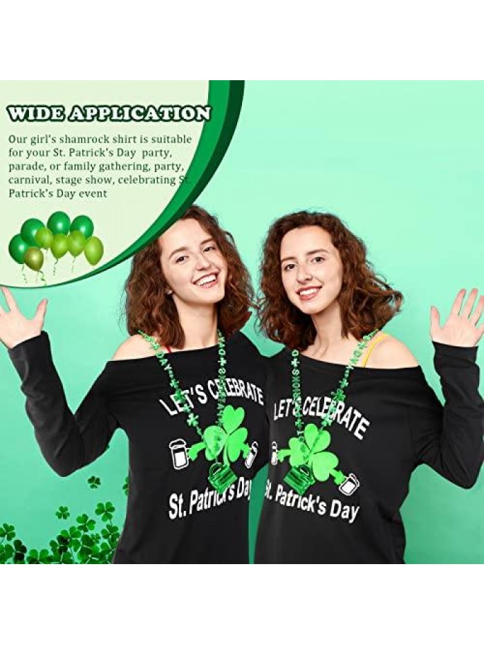 2 Pcs Women's St Patricks Day Sweatshirt Shamrock Irish Long Sleeve Off Shoulder Flowy T Shirt with Necklace 