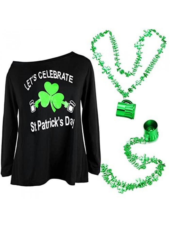 2 Pcs Women's St Patricks Day Sweatshirt Shamrock Irish Long Sleeve Off Shoulder Flowy T Shirt with Necklace 
