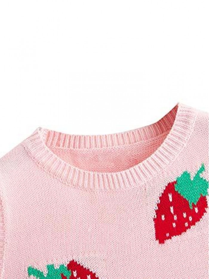 Women's Sleeveless Round Neck Cute Strawberry Sweater Vest Crop Shirt Top 