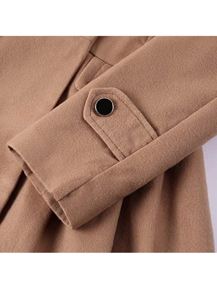 Double Breasted Pea Coat Winter Mid-Long Trench Coat with Self Tie Belt Long Puff Sleeve Tweed Fleece Overcoats 