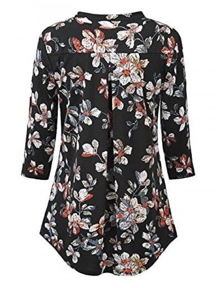 Womens 3/4 Sleeve Floral Printed Notch V Neck Blouses Tunics Tops 
